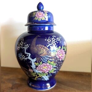 Cobalt Blue Japanese Ginger Jar Peacocks & Flowers Satsuma 8" Vintage Lid Floral